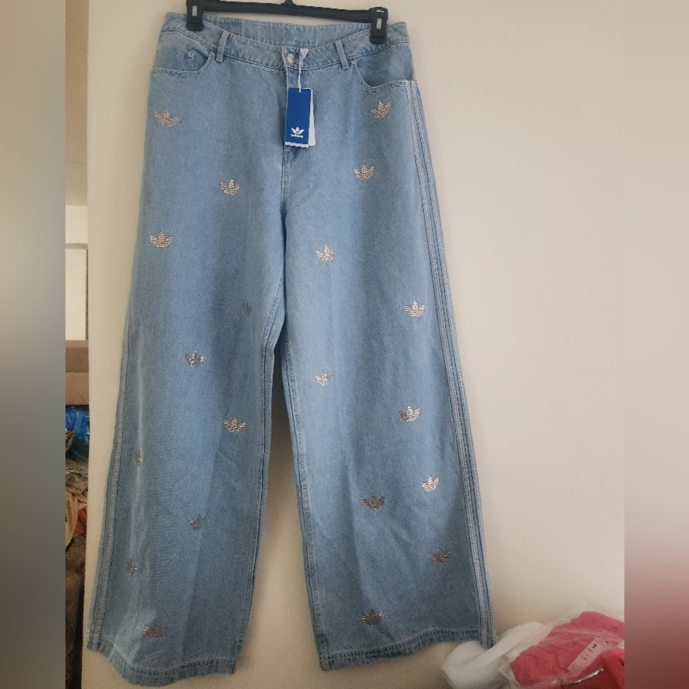 Adidas Rhinestone denim pants Glittery Logo Rhinestones Clear Blue. PANTS ONLY!! - Picture 10 of 16